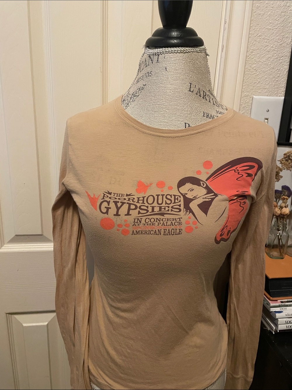 American Eagle Outfitters Beige Long-Sleeve Tee with Coral-Pink Graphic